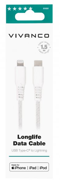 Kabel Longlife Braided USB-C/Lightning 1.5m Hvit