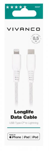 Kabel Longlife Braided USB-C/Lightning 0.5m Hvit