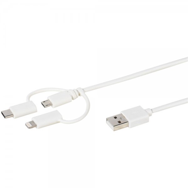 3-i-ett Kabel USB-C/Lightning/Micro-USB 1 meter Hvit
