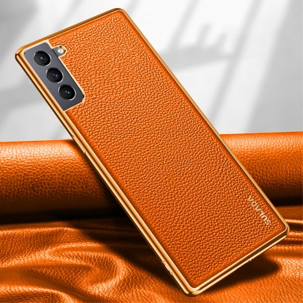 Samsung Galaxy S21 Deksel Litchimønster Belagt Kant Oransje