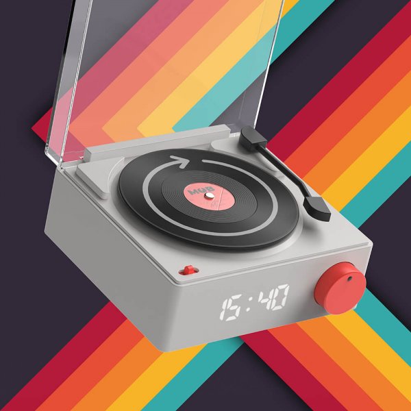 Høyttaler vekkerklokke vinyl retro grå