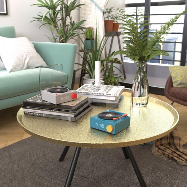 Høyttaler vekkerklokke vinyl retro grå