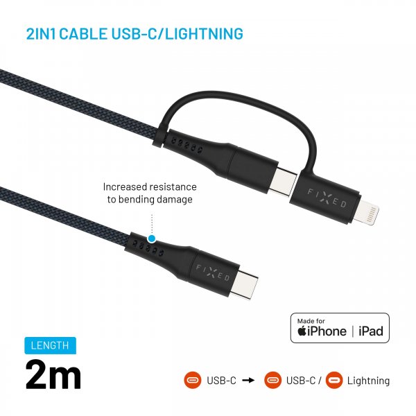 Kabel 2in1 USB-C/Lightning 60W 2m Svart