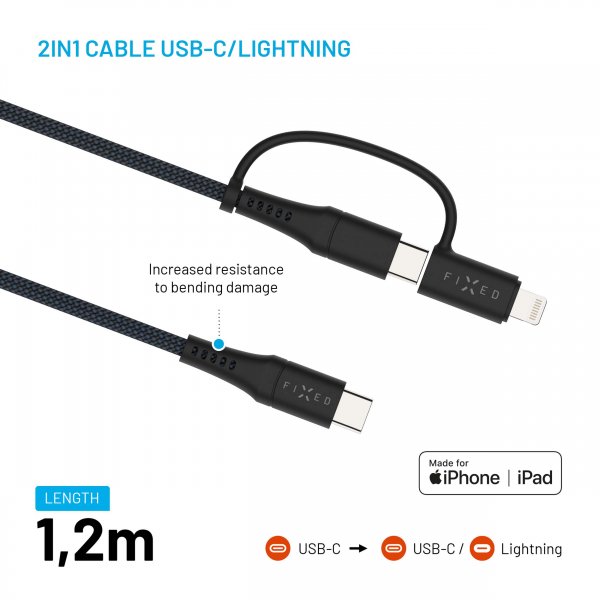 Kabel 2in1 USB-C/Lightning 60W 1.2m Svart