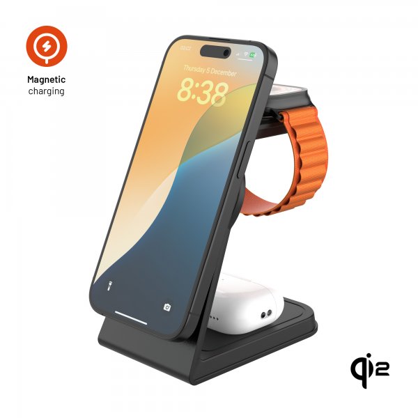 MagSafe Trådløs lader MagPowerstation Alu 15W Qi2 3-in-1 Svart