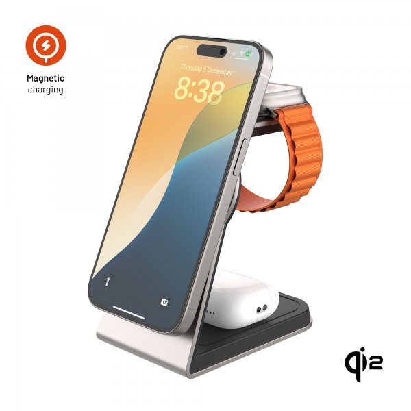 MagSafe Trådløs lader MagPowerstation Alu 15W Qi2 3-in-1 Titan