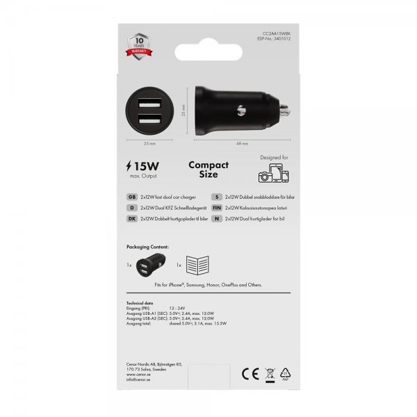 Mobillader til bil 2x12W USB-A Svart