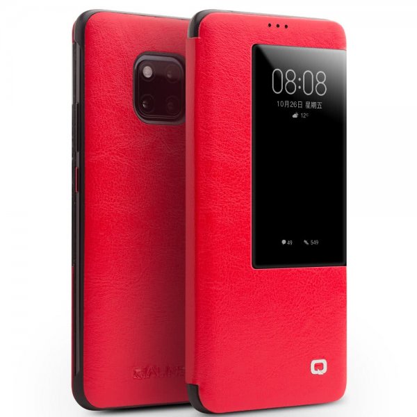 Huawei Mate 20 Pro Etui Ekte Skinn Caller-ID Rød