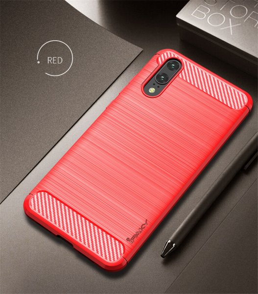 Huawei P20 Deksel Børstet Karbonfibertekstur Rød
