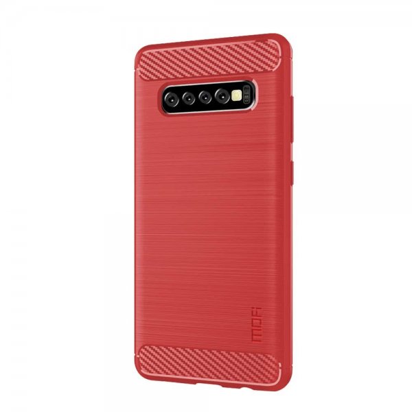 Samsung Galaxy S10 Plus Deksel Børstet Karbonfibertekstur TPU Rød