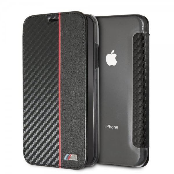 iPhone Xr Etui med Kortlomme Red Stripe Karbonfibertekstur Svart