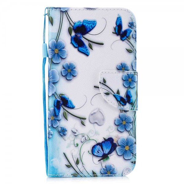iPhone Xr PlånboksEtui Kortlomme Motiv Blåa Blommor och Fjärilar