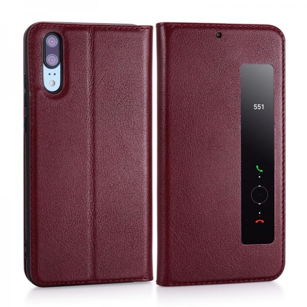 Huawei P20 Pro Etui Ekte Skinn Caller-ID Rød