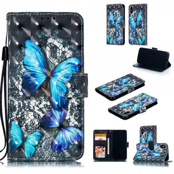 iPhone X/Xs PlånboksEtui Kortlomme Motiv Blåa Fjärilar