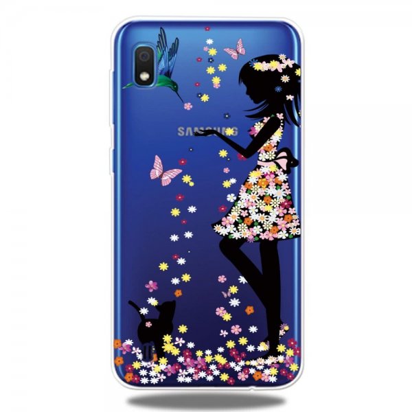 Samsung Galaxy A10 Deksel TPU Motiv Tjej med Katt och Fjärilar Transparent