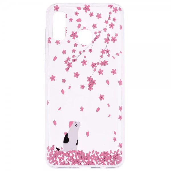 Huawei P30 Lite Deksel TPU Motiv Rosa Blommor och Katt