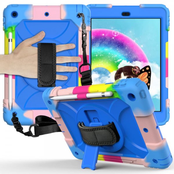iPad 10.2 Deksel med Håndgrep og Stropp Regnbue Blå