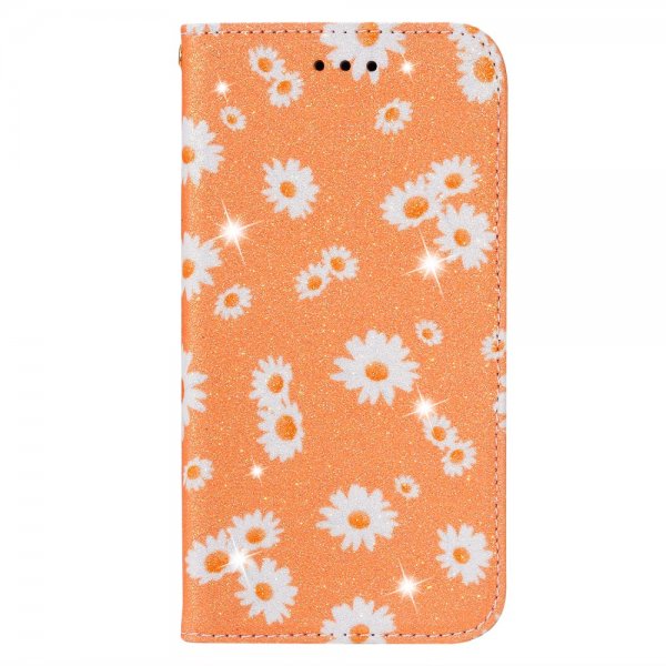 iPhone 11 Etui Glitter Blomstermønster Oransje