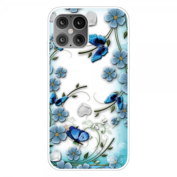 iPhone 12 Mini Deksel Motiv Blå Fjärilar och Blommor
