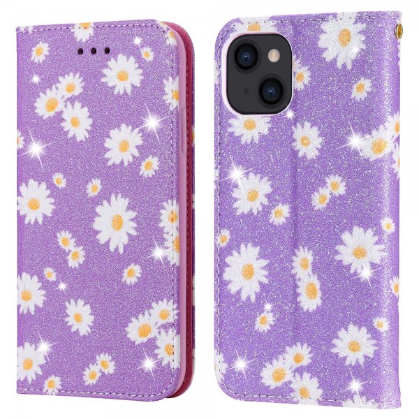 iPhone 13 Mini Etui Glitter Blomstermønster Lilla