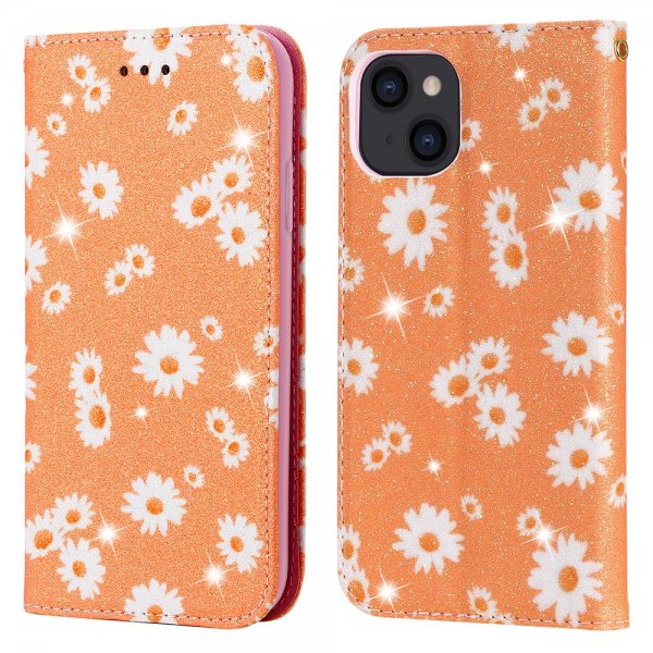 iPhone 13 Mini Etui Glitter Blomstermønster Oransje