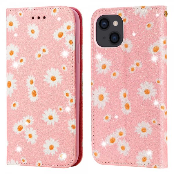 iPhone 13 Mini Etui Glitter Blomstermønster Rosa