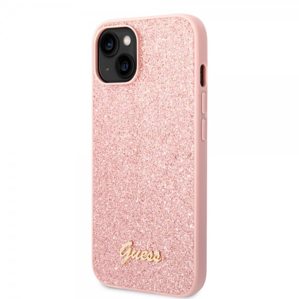 iPhone 14 Plus Deksel Glitter Flakes Metal Logo Rosa
