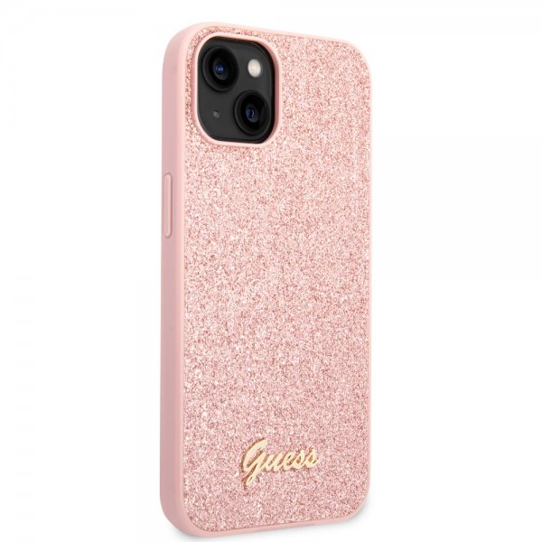 iPhone 14 Plus Deksel Glitter Flakes Metal Logo Rosa