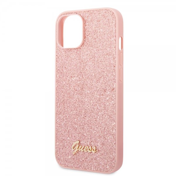 iPhone 14 Plus Deksel Glitter Flakes Metal Logo Rosa