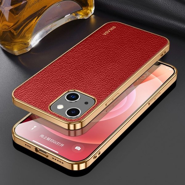 iPhone 14 Deksel Litchimønster Belagt Kant Rød