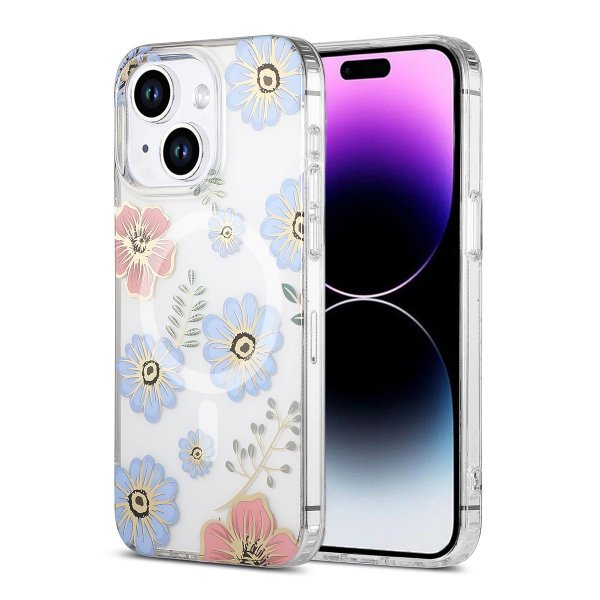 iPhone 14 Plus/iPhone 15 Plus Deksel Blomstermønster MagSafe Rød Blå