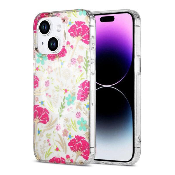 iPhone 14 Plus/iPhone 15 Plus Deksel Blomstermønster MagSafe Rød Grønn