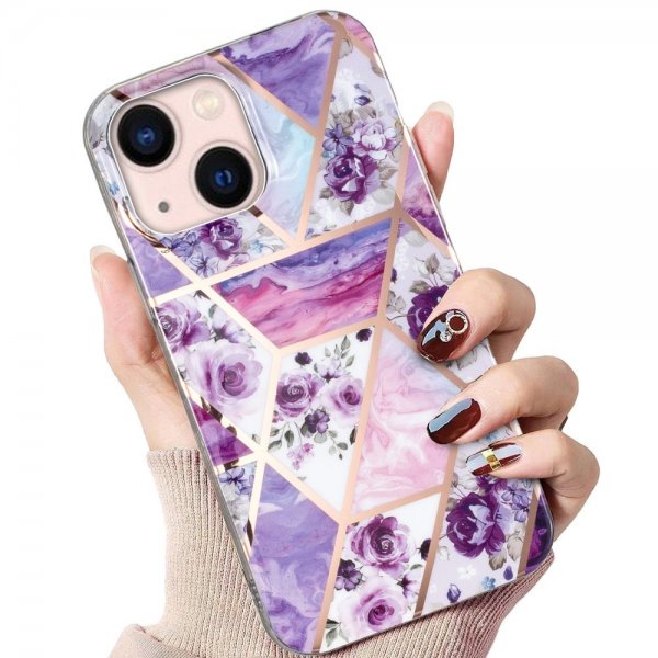 iPhone 15 Plus Deksel Marmormønster Blomster Lilla