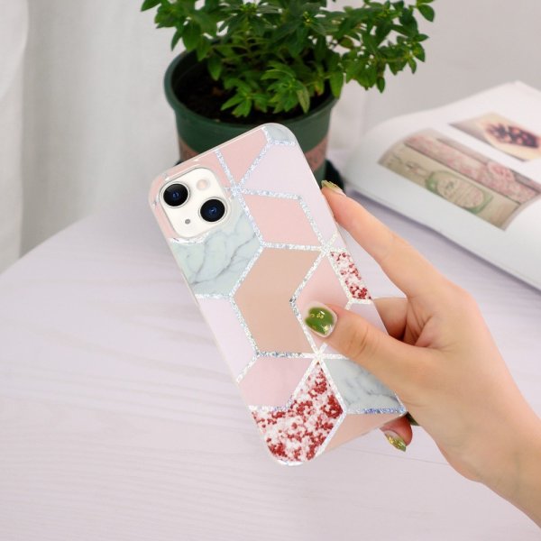 iPhone 15 Plus Deksel Marmormønster Rød Rosa