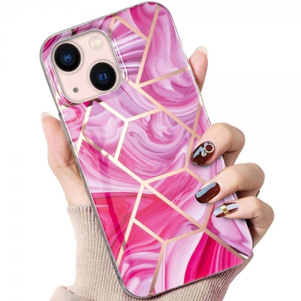 iPhone 15 Plus Deksel Marmormønster Rosa Rød