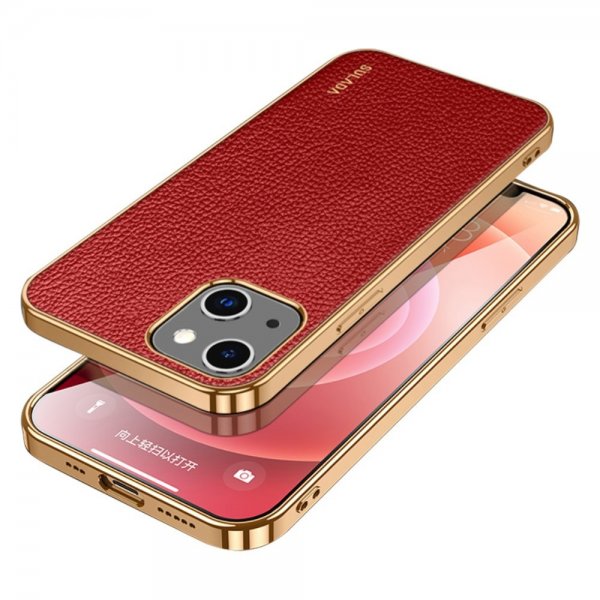 iPhone 15 Pro Max Deksel Litchimønster Belagt Kant Rød