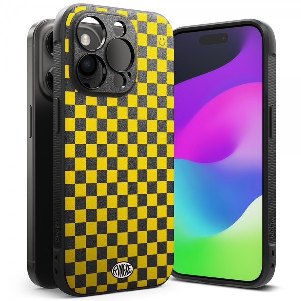iPhone 15 Pro Max Deksel Onyx Design Checkerboard Yellow