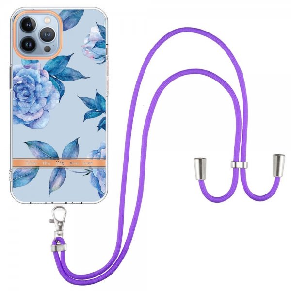 iPhone 15 Pro Deksel Blomstermønster Stropp Blå Pion