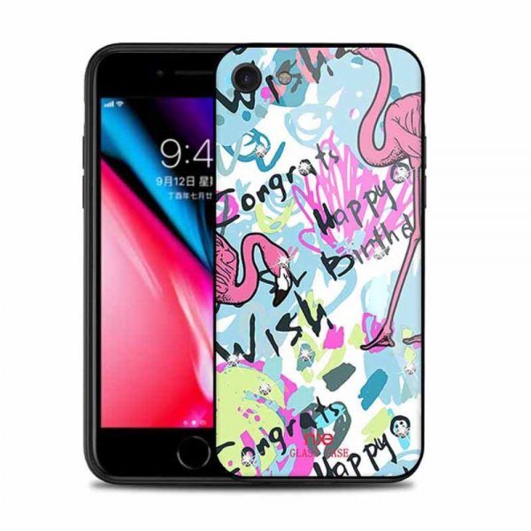 iPhone 8/7 Deksel Herdet glass Baksida Strass Flamingo