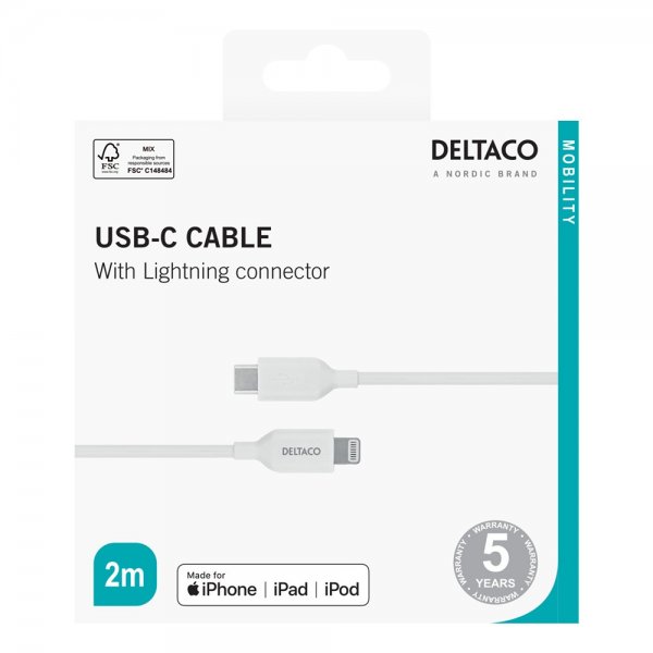 Kabel USB-C Cable with Lightning Connector 2m Hvit