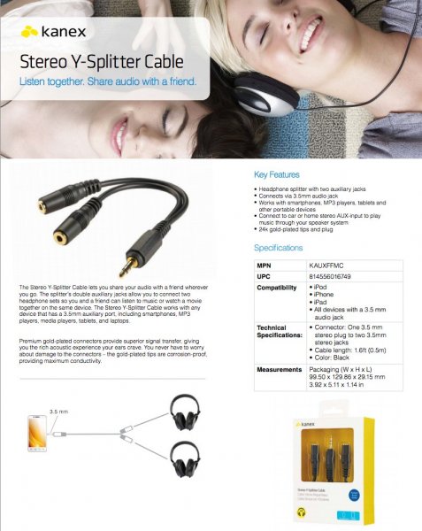 3.5 mm AUX Stereo Y-Kabel GullBelagt Svart
