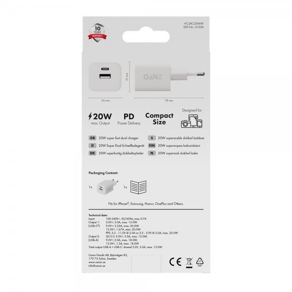 Lader 20W Double USB-C/USB-A GaN Hvit