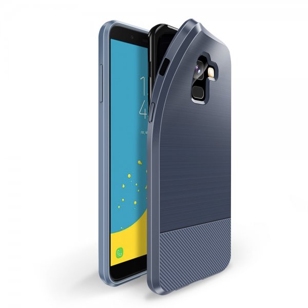 Mojo Series till Samsung Galaxy J6 2018 Deksel TPU Børstet Karbonfibertekstur Mörkblå