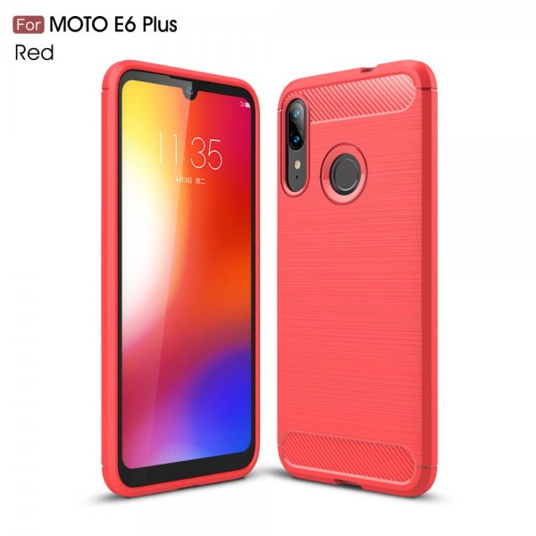 Motorola Moto E6 Plus Deksel Børstet Karbonfibertekstur Rød