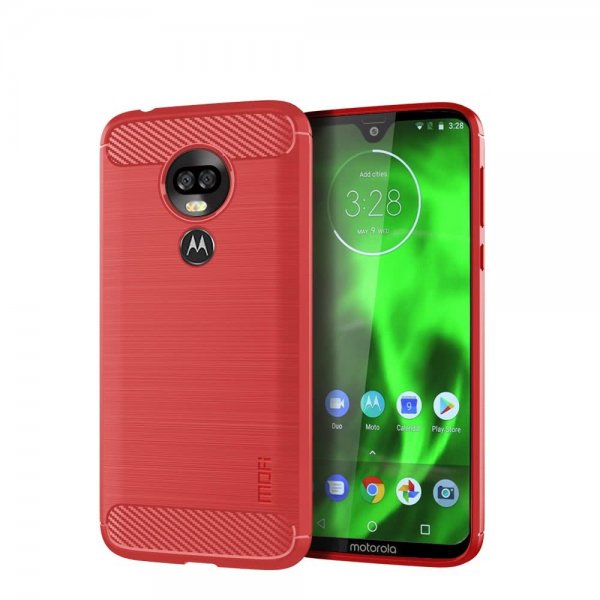 Motorola Moto G7 Power Deksel Børstet Karbonfibertekstur TPU Rød