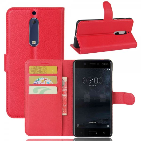 Nokia 5 PlånboksEtui PU-skinn Litchi Rød