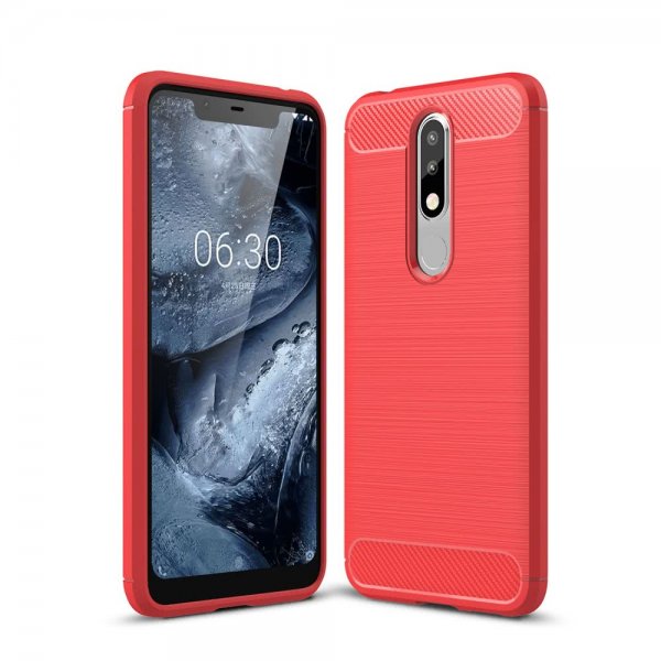 Nokia 5.1 Plus Deksel TPU Børstet Karbonfibertekstur Rød