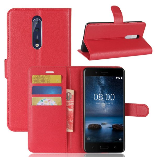 Nokia 8 PlånboksEtui PU-skinn Litchi Rød