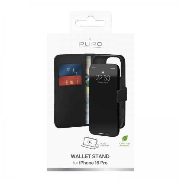 iPhone 16 Pro Etui Wallet Stand Svart
