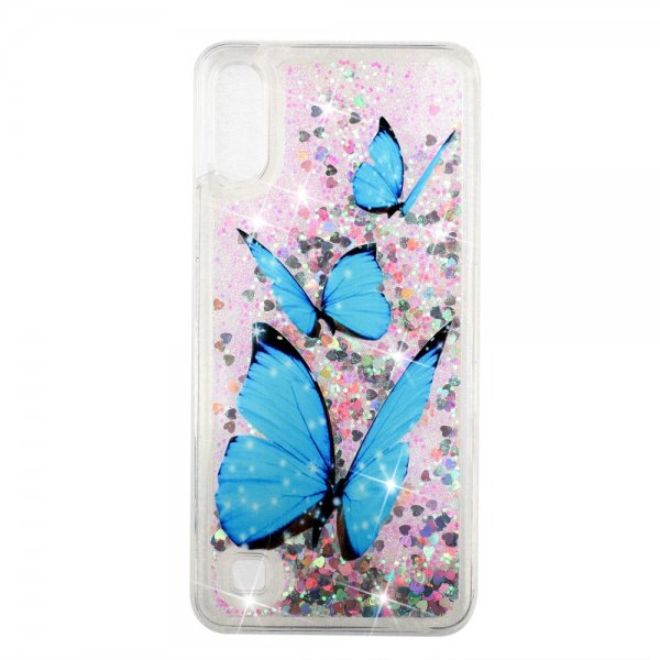 Samsung Galaxy A10 Deksel Glitter Motiv Blåa Fjärilar